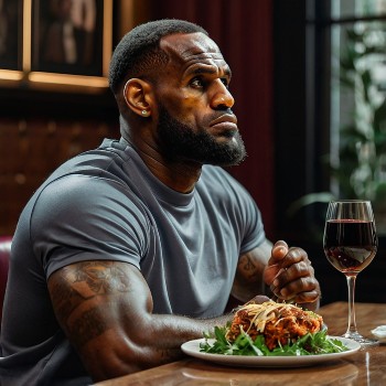 Lebron eating dinner with wine