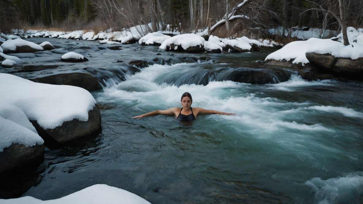 Woman cold plunging in icey cold creek