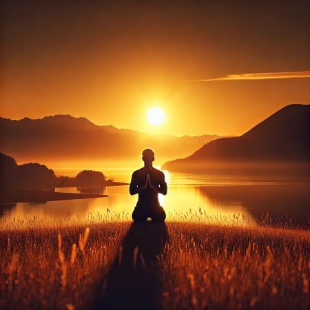A man praying in an open field during sunrise