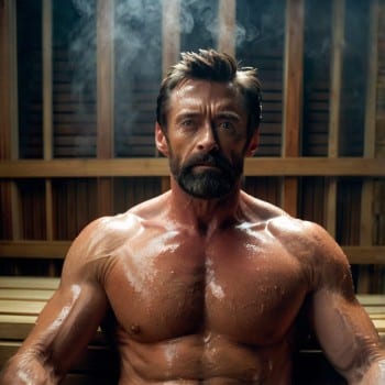 Hugh Jackman in a steam sauna