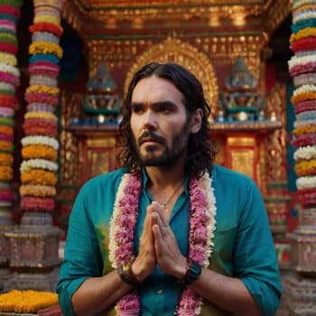 Russel Brand praying in a Hindu temple