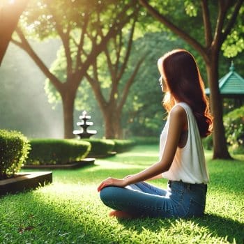 Woman praying in the park in non-religious way