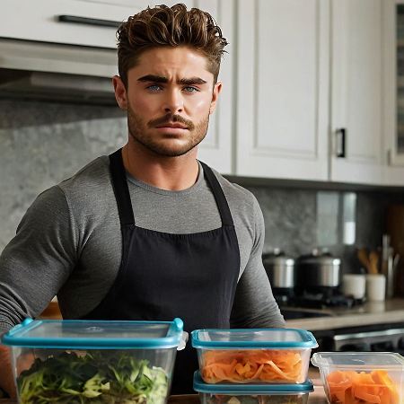 Zac efron setting up his meal prep containers