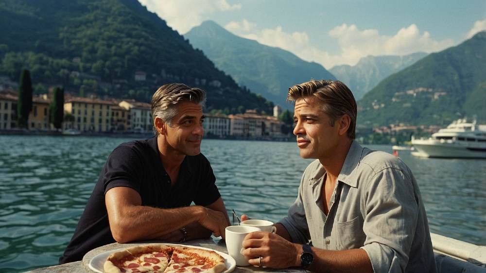 Brad pitt and george clooney having coffee lake como