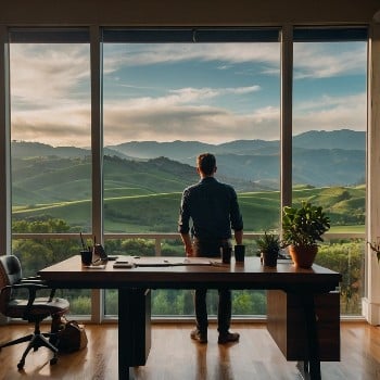 Man looking out big window at rolling hills