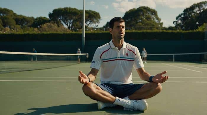 Novak Djokovic meditating on the tennis court