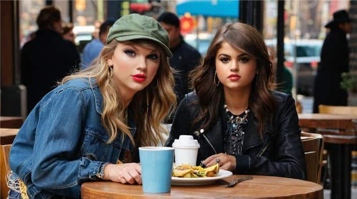 Taylor Swift and Selena Gomez having a coffee